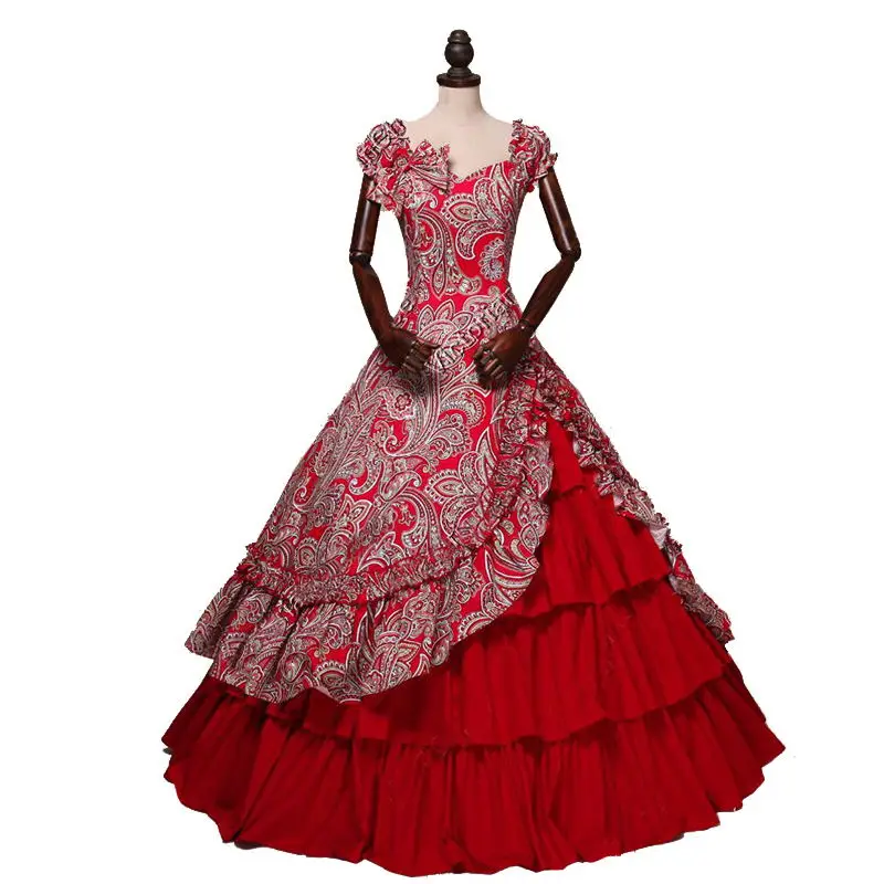 

Halloween Gothic Victorian Period Women's Party Dresses Customized Short Sleeve Red Floral Pattern Steampunk Ball Gowns