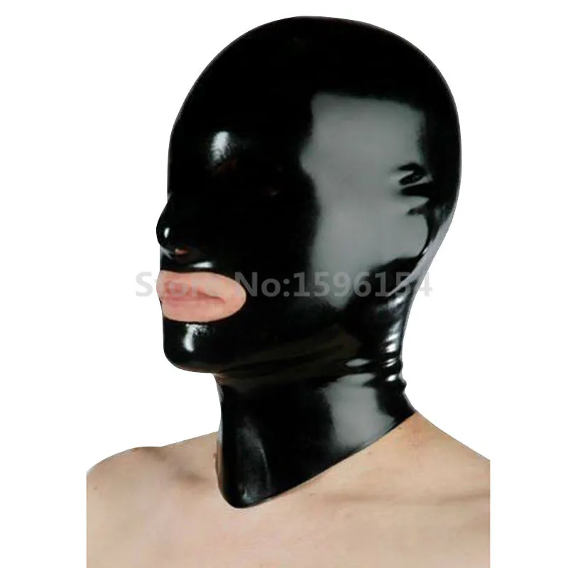 Анфас унисекс черная латексная маска молния сзади Фетиш капюшон открытый рот и нос LM158