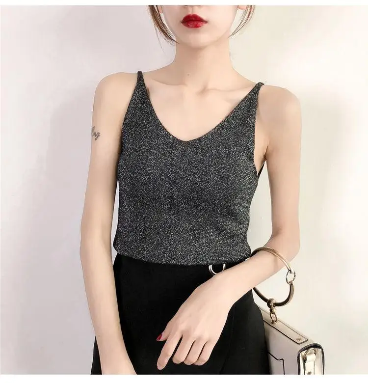 

17 Color New Spring Sexy Knitted Tank Top Women Slim Solid Silver V Neck T-shirt Female Crop Sleeveless Vest Casual Camis Blouse