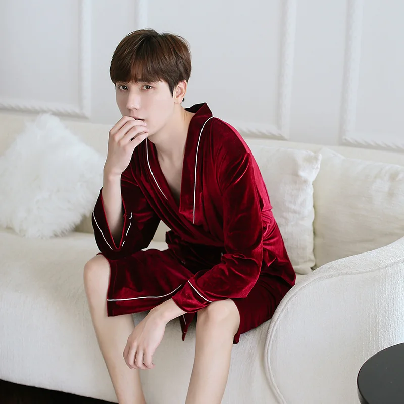 Autumn winter gold velvet women/man bathrobe solid mid length lovers kimono robe - Цвет: Man