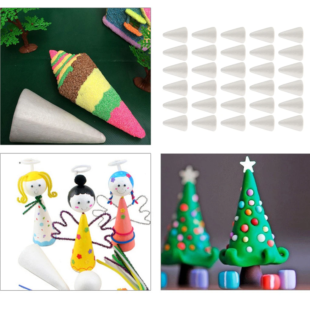 30pcs White Foam Cone Shape Mold Styrofoam  for Handwork Color Mud Party Birthday Decorations DIY Kid Craft, 68 x 23 mm