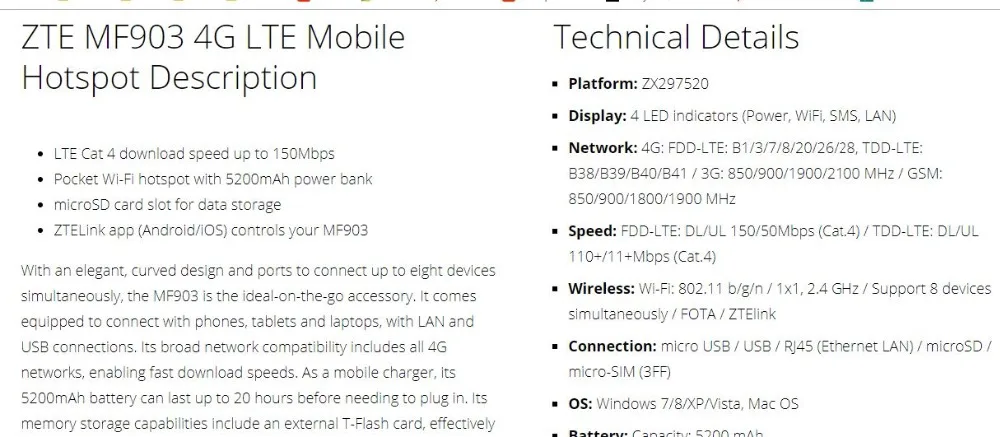 Wi Fi роутер ZTE MF903 4G LTE 5200 мАч с портом lan|3G/4G роутеры| |