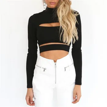 

Women Long Sleeve Black Crop Tops Autumn Winter Hollow Out Sweater Jumper Sweater Ladies Club Party Pullover Tops Knitwear S-XL