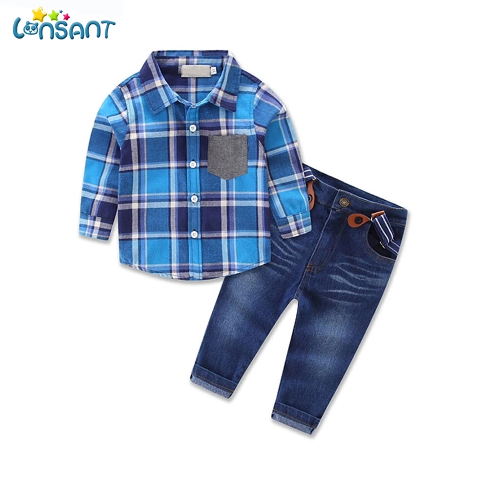 

LONSANT Kids Clothes Boys Plaid Long Sleeve Shirt Denim Overalls Suit Spring Autumn Children Clothing Set Dropshipping 1-8Y