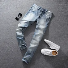 Summer Light Blue Color Fashion Mens Jeans High Quality Slim Fit Ripped Jeans For Men Brand Clothing Italian Style Stretch Jeans Summer Light Blue Color Fashion Mens Jeans High Quality Slim Fit Ripped Jeans For Men Brand Clothing Italian Style Stretch Jeans