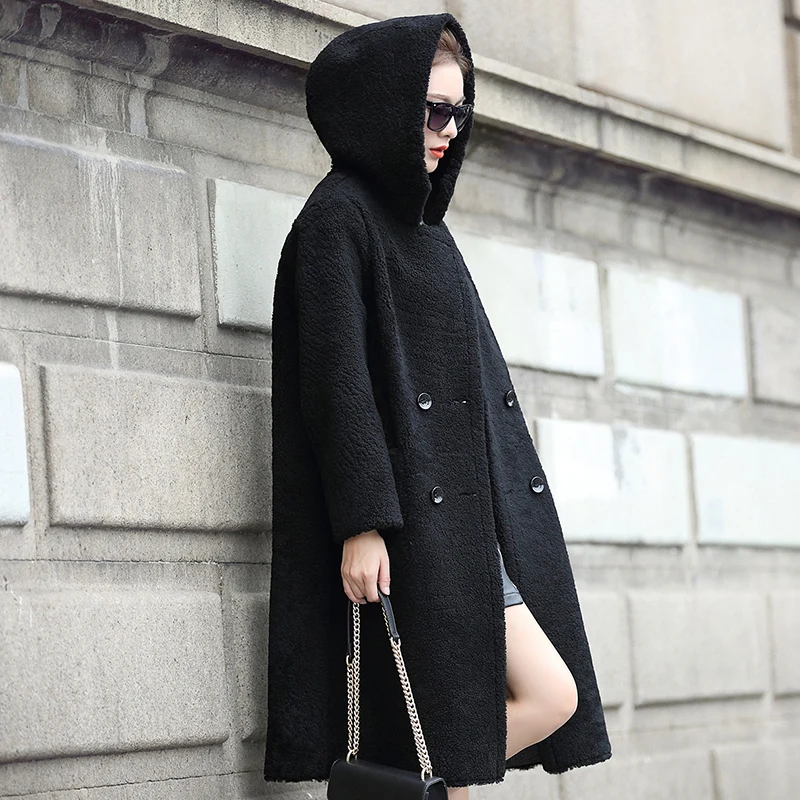 

Real Sheepskin Shearling Coat for Women Genuine Leather Shearling Coat with Hood Reversible Double Wear dx0012