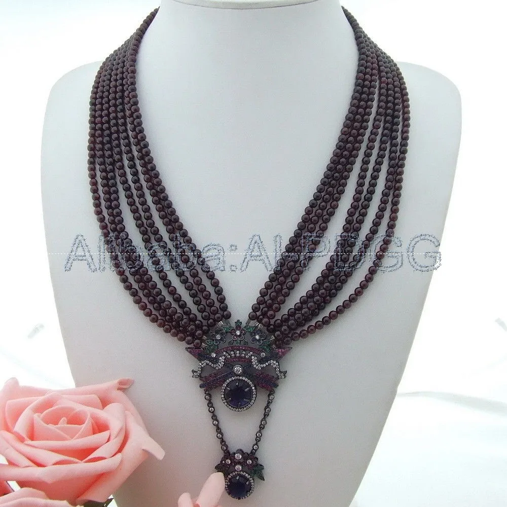 

21'' 7 Strands Garnet Necklace CZ Pendant