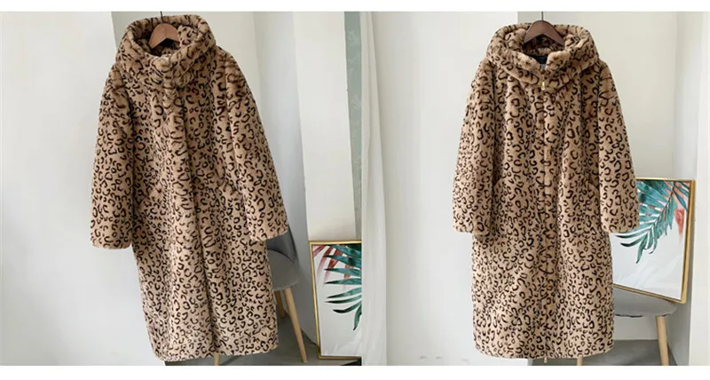 Для женщин Шуба Leopard с капюшоном Середина Длинные куртки искусственного пальто из меха кролика новые свободные женские имитация меховые куртки TTT033