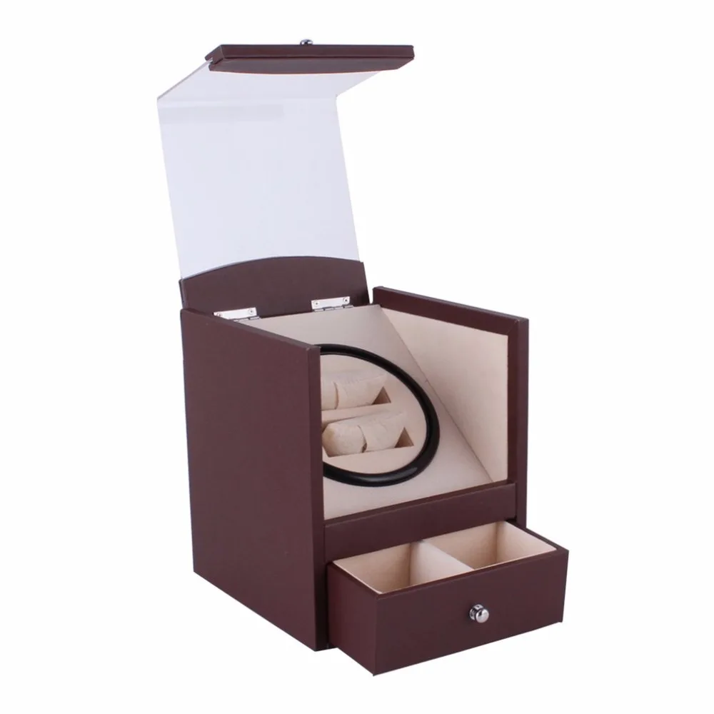 

OUTAD 2 Grid US Plug Brown Auto Rotation Watch Winder Casket Transparent Cover Cuboid Shape Wristwatch Box With Drawer 2018 Hot