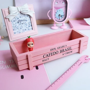 

1PC Pink Vintage Wooden storage Boxes Crates Flower Pot girl room decor Trinket Desktop Organizer jewelry Storage Case