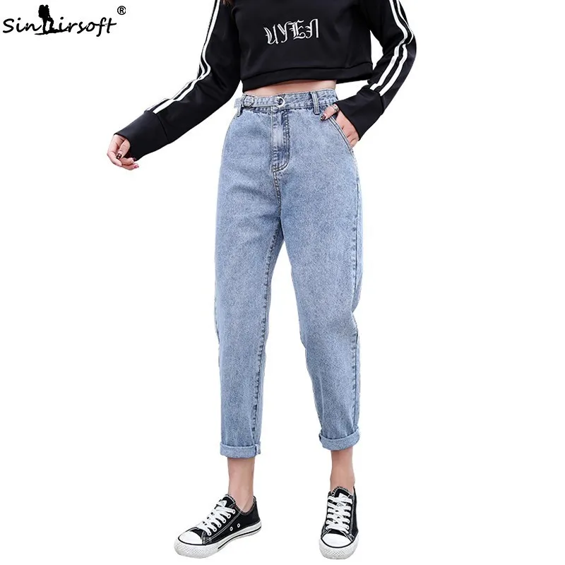 

Women Casual Loose Jean Haram Pants Female High Waist Ankle-Length Denim Pants Light Dark Blue Trousers Spring Summer New 2019
