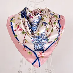 Elegant Navy Blue Silk Scarf with Chinese Rose Design - Large Square Ladies' Fashion Accessory (Vase Pink)