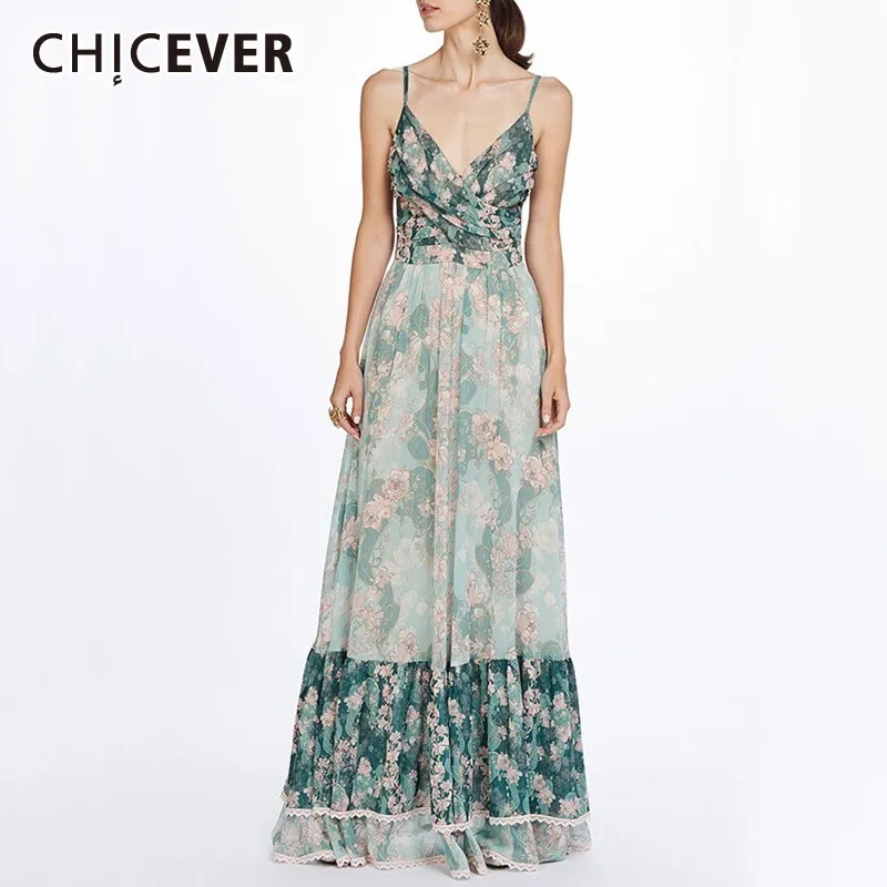 

CHICEVER Summer Floral Print Green Dress For Women V Neck Spaghetti Strap Sleeveless High Waist Slim Pleated Hem Dresses 2019