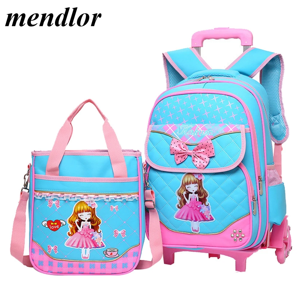 

2PCS/set Hot Sale Trolley Backpack Girls Wheeled School Bag Children Travel Luggage Suitcase On Wheels Kids Rolling Book Bag