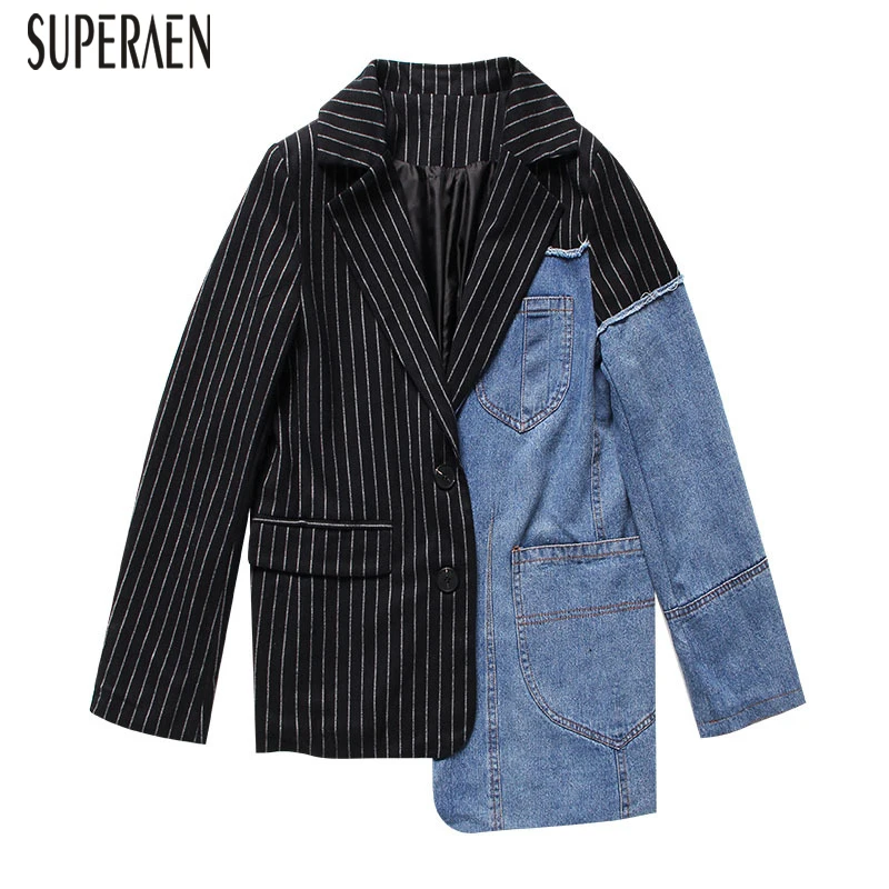 

SuperAen 2018 Autumn New Women Denim Splicing Jacket Wild Fashion Casual Irregular Ladies Jacket Europe Loose Women Clothing