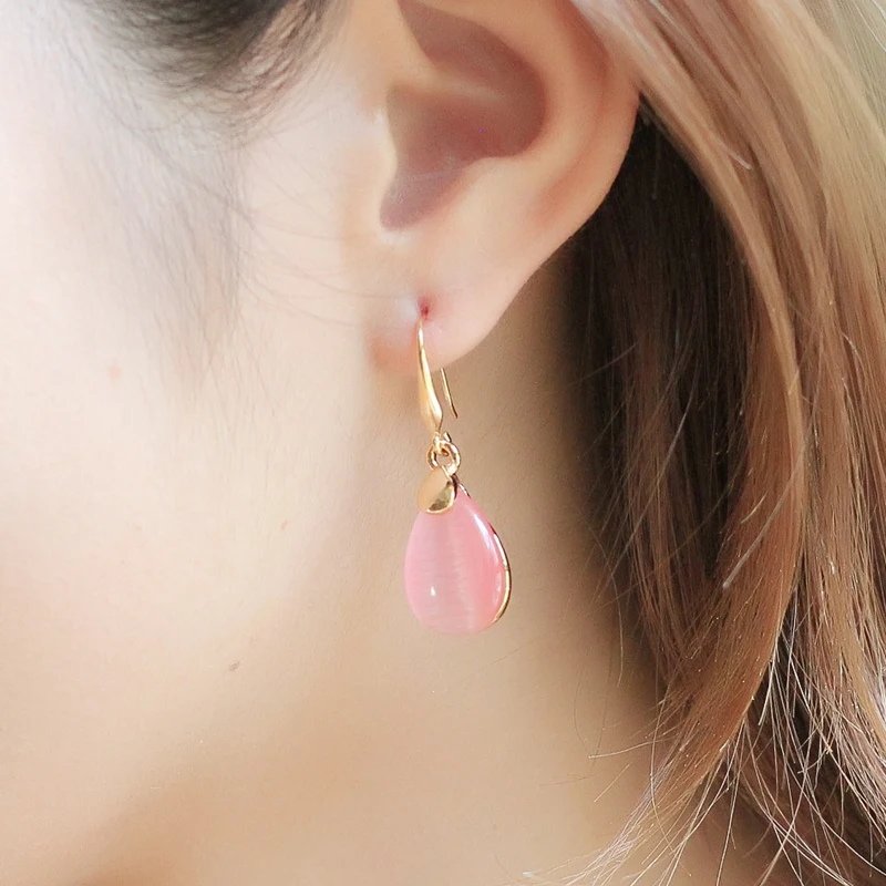 

High Quality Drop Earrings Gold Color Waterdrop-Shape Moonstone Opal Rose Crystal Earrings Women Fine Jewelry