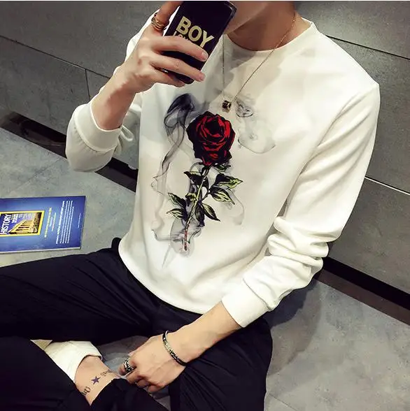 Осенняя футболка с круглым вырезом и цветочным рисунком розы мужская длинная футболка Повседневная 100 хлопковая забавная футболка мужской с длинными рукавами уличная одежда тренд - Цвет: Белый