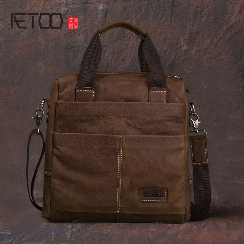 

AETOO Vintage Handmade Crazy Horse Leather Men's Handbag Recycling Shoulder Purple Head Cow Leather A4 File Handbag
