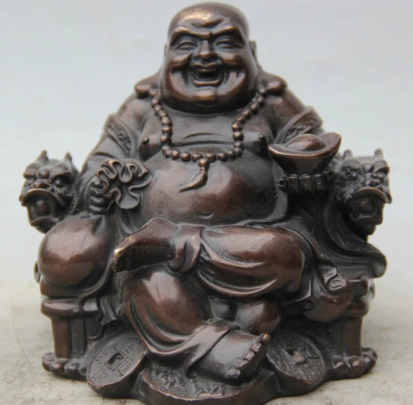 

5" Chinese Bronze Seat Dragon Chair Happy Laugh Maitreya Buddha Wealth Statue S0706 Discount 35%