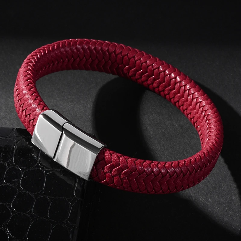 Bracelet jewelry Punk Men Jewelry Red Braided Leather Bracelet Stainless Steel Magnetic Clasp Women Bangles Gift 161