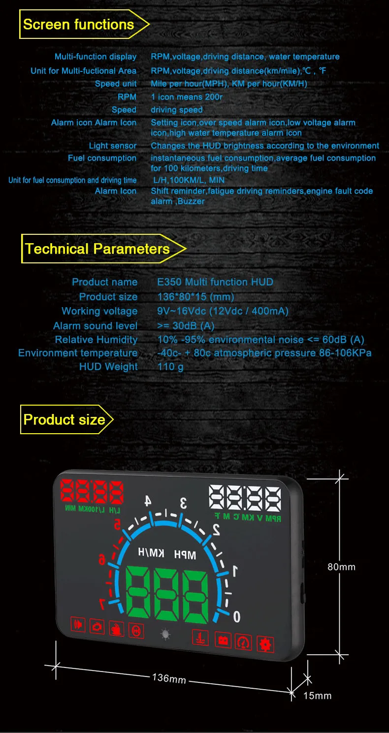 XYCING E350 HUD 5,8 дюймов Автомобильный дисплей лобовое стекло проектор OBD2 данные вождения Предупреждение предупреждение о превышении скорости MPH топлива спидометр