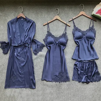 

Sexy Women's Robe & Gown Sets Lace Bathrobe Nice sleepwear 4 Pieces Sleepwear Womens Sleep Set Faux Silk Robe Lady Lingerie