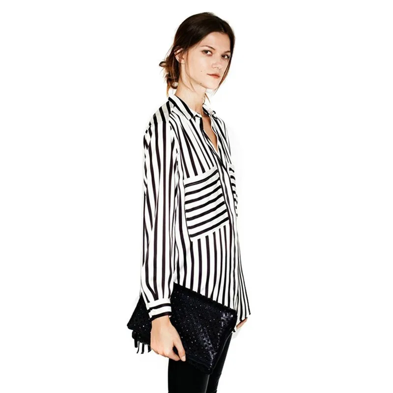 

Summer Formal blouses Long Sleeve Button Down Women's Shirt Vertical Striped Chiffon Pocket Career Tops