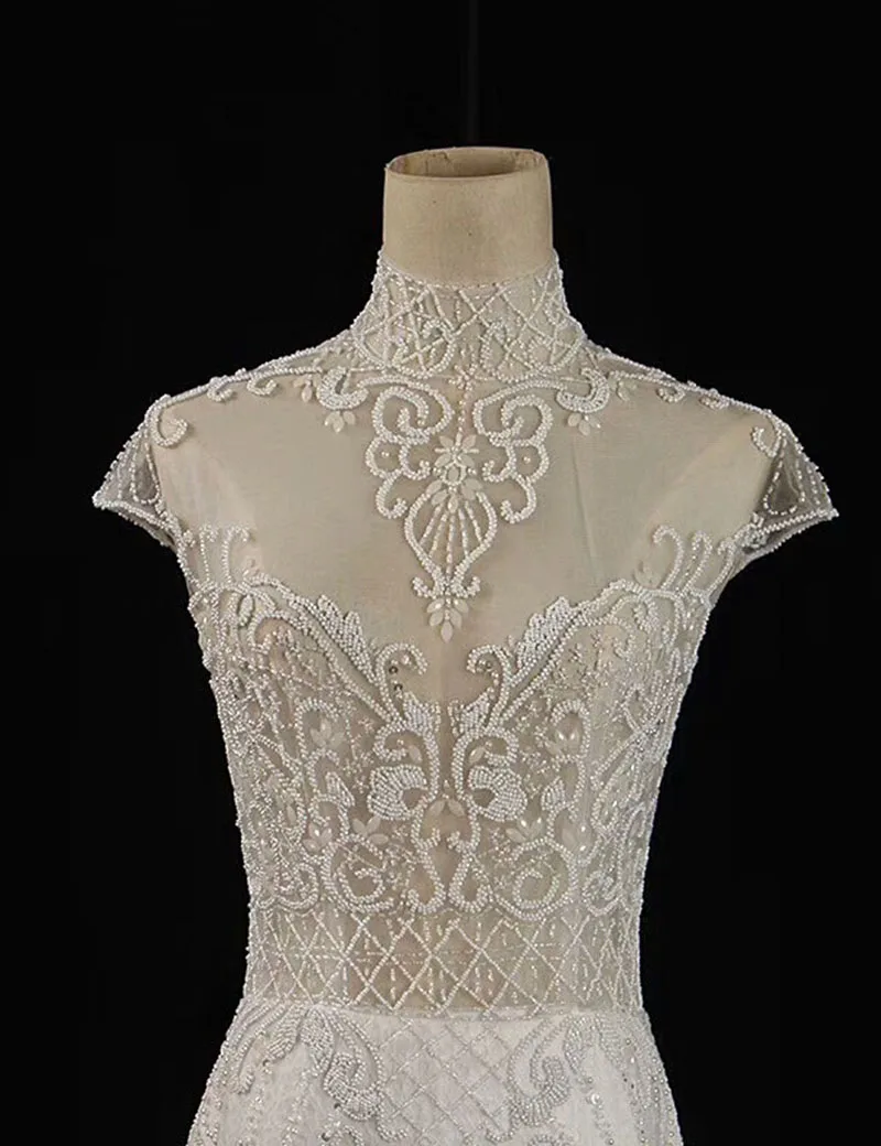 Vestido De Noiva Sereia роскошное платье с бусинами с высоким воротом Русалка свадебное платье с рукавами длинный жемчуг свадебное платье W64