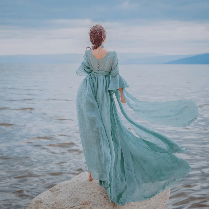 Женское платье макси из хлопка и льна с V образным вырезом пуговицами сзади