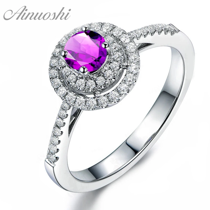 AINUOSHI натуральный аметист двойной Halo Кольцо 0.5ct круглый вырез драгоценный камень 925 серебро Halo Кольцо обручальные ювелирные изделия Женское кольцо