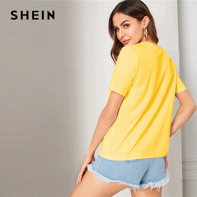 SHEIN, буквенный лозунг, футболка с принтом, женская одежда, летние топы с круглым вырезом,, уличная Корейская одежда, футболка с коротким рукавом
