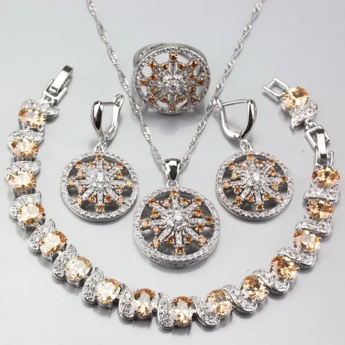 Manny Trinket 925 Sterling Silver Round Hollow Brown Zircon Perfect Gift Jewelry Sets Earrings Pendant Necklace Bracelet Ring - Окраска металла: 4PCS Ring Size 7