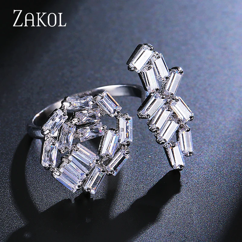 ZAKOL эксклюзивные Открытые Кольца прямоугольные трендовые Кластерные украшения для женщин невесты из блестящего циркония кольца FSRP2002