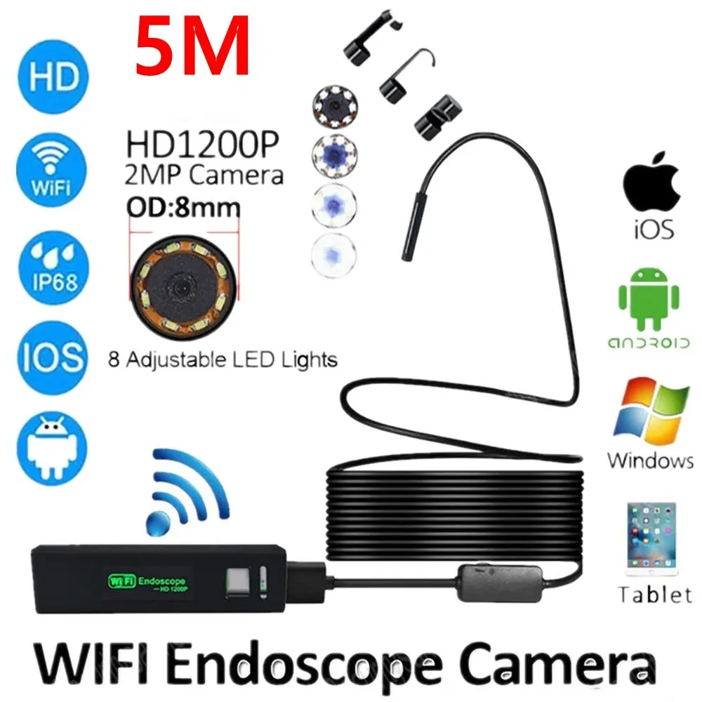 2/5/10M WIFI Endoscope Camera HD 1200P 8mm 8 LED Mini Waterproof Hard Cable Inspection Camera Borescope for Iphone PC IOS depstech wf070 3 9mm 1080p hd endoscope camera wifi endoscopic for cars ip67 waterproof snake camera for iphone