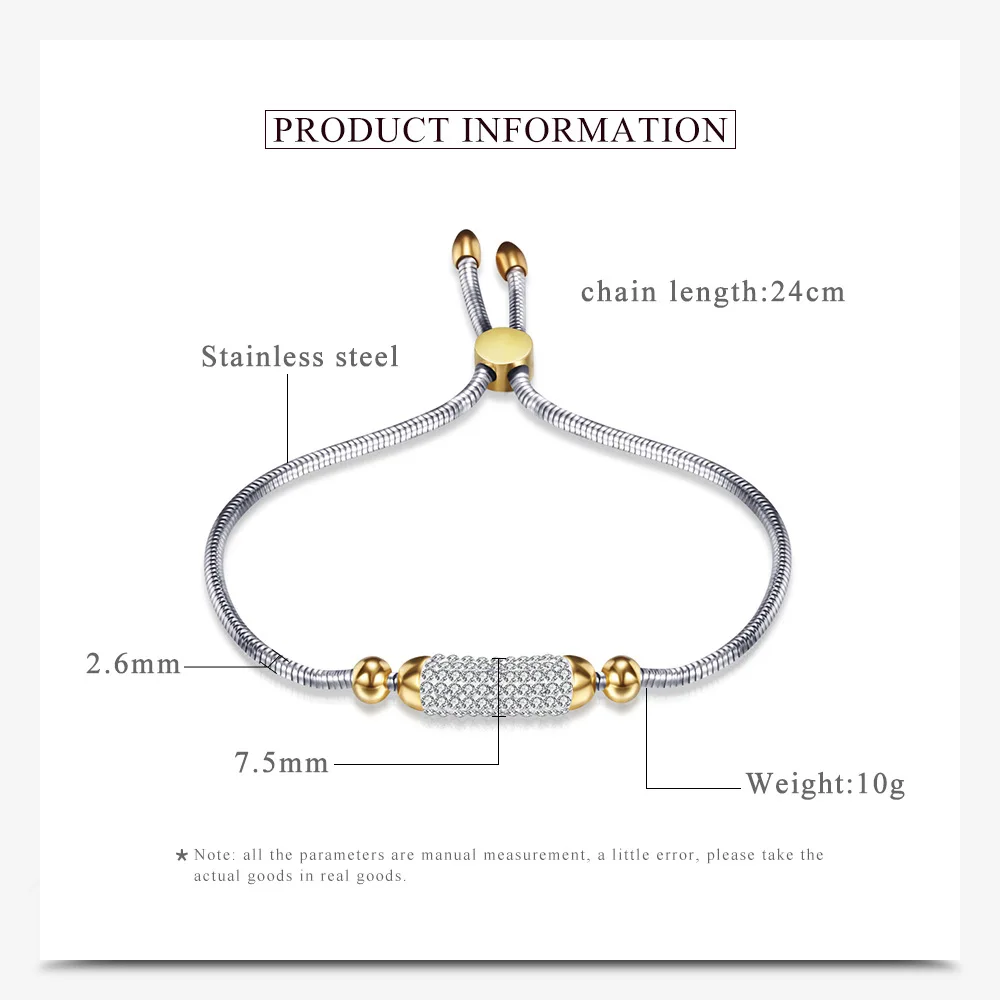 Модные циркониевые регулируемые скользящие браслеты из нержавеющей стали Серебристые цепи браслет для женщин браслет ювелирные изделия подарок