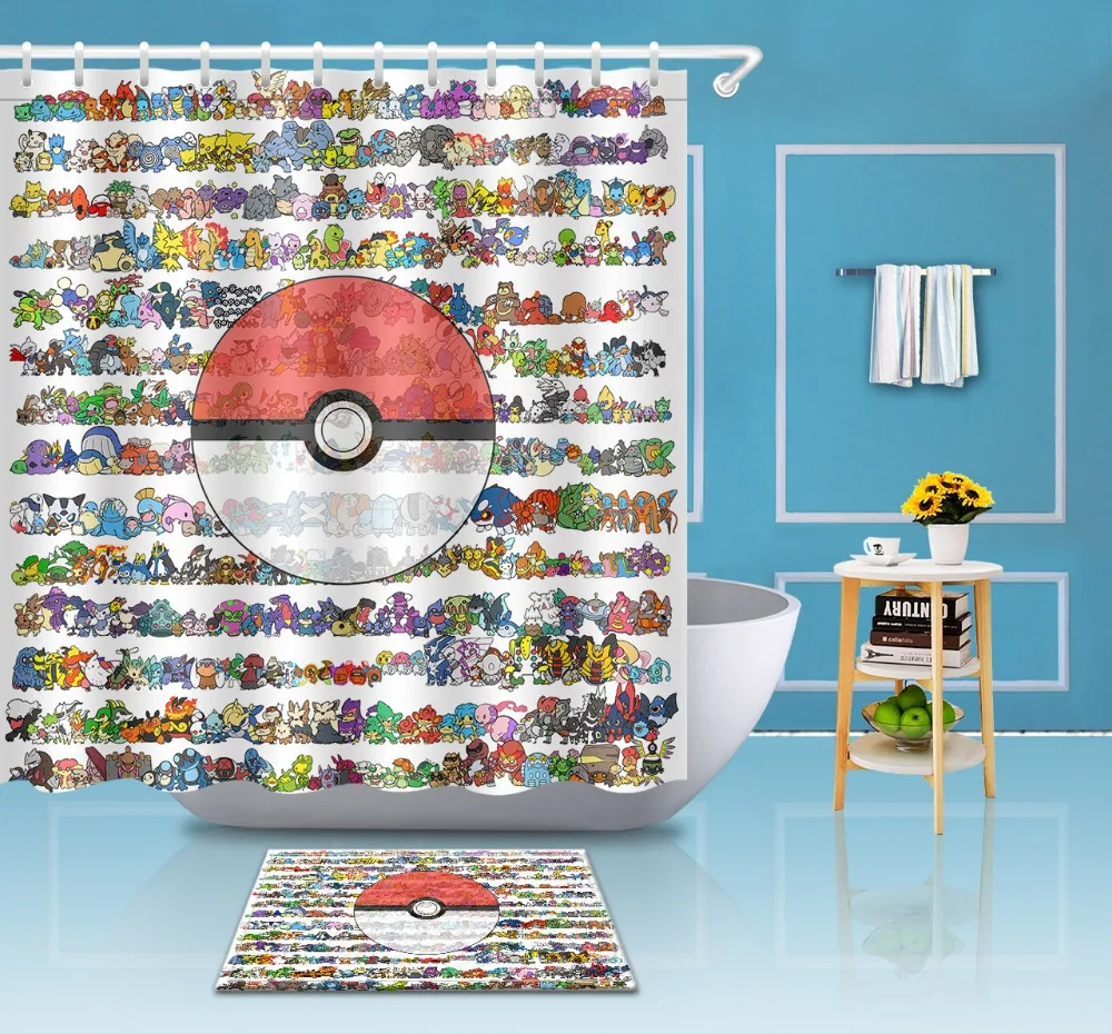 

LB Funny Pokemon Go Ball Extra Long Black Shower Curtain And Bath Mat Set Waterproof Polyester Bathroom Fabric For Bathtub Decor
