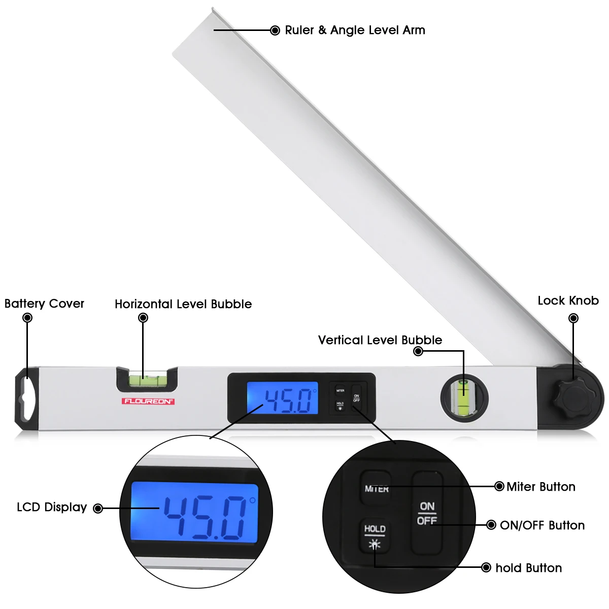 Floureon Цифровой Угол Finder Gauge 0-230Degree линейка транспортира Miltre Angle Finder с ЖК-дисплеем Spirit Level Back-светильник