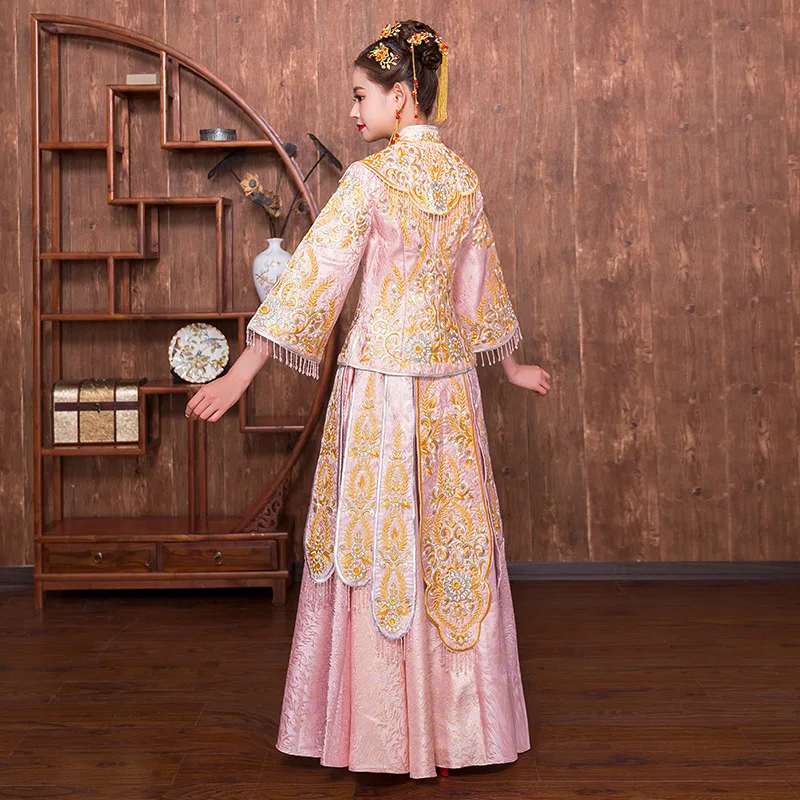 Свадебное платье с разрезами по бокам и воротником-стойкой платье традиционный с длинным рукавом китайский свадебное платье Qg китайское