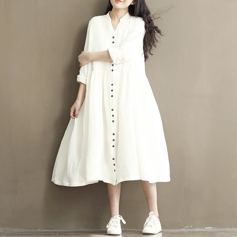 

Fannic Cotton Linen White Color Women Dress Spring New Long Sleeve Stand Neck Loose Bat Sleeve Irregular Dresses