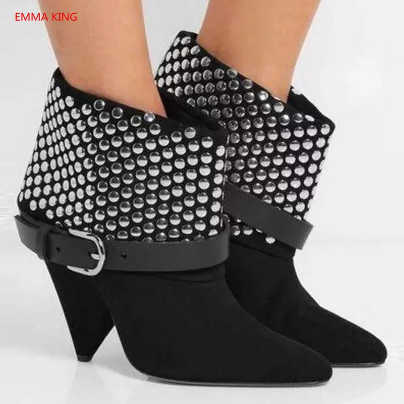 

New Design Spike Heel Ankle Boots Women Autumn Winter Buckle Strap Rivets Studded High Heels 2018 Fashion Woman Shoes Booties