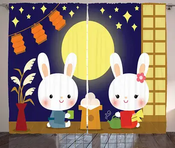

Anime Curtains Little Bunnies Enjoying Tsukimi Japan Moon Watching Festival Traditional Event Party Living Room Bedroom Window