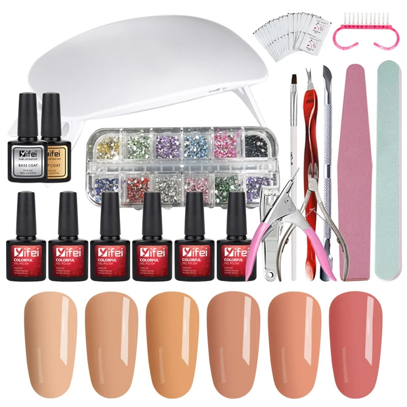 

YIFEI 8pcs Gel Nail Polish Nail Art Gel Varnish Manicure Tools Kit Nail Sequins Top Base Coat Primer Set 6W UV LED Nail Dryer