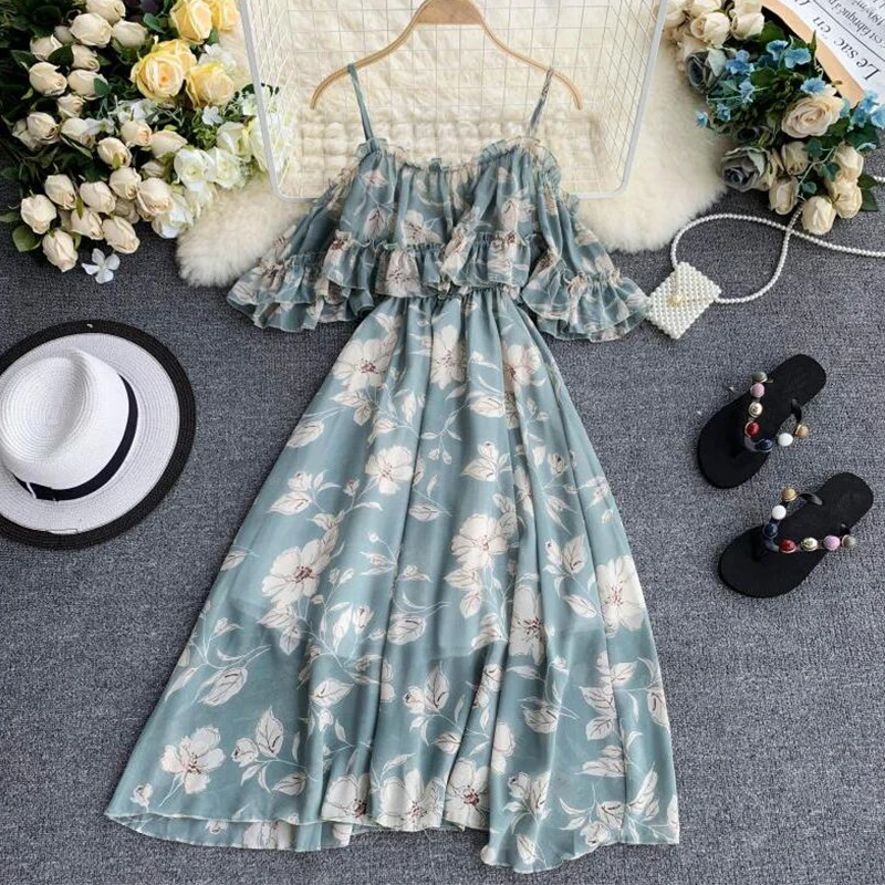 

2019 Holiday Chiffon Summer Dress Leaf Print Off-the-shoulder Ruffle Loose waist Beach long Dress Women Vestidos aa999