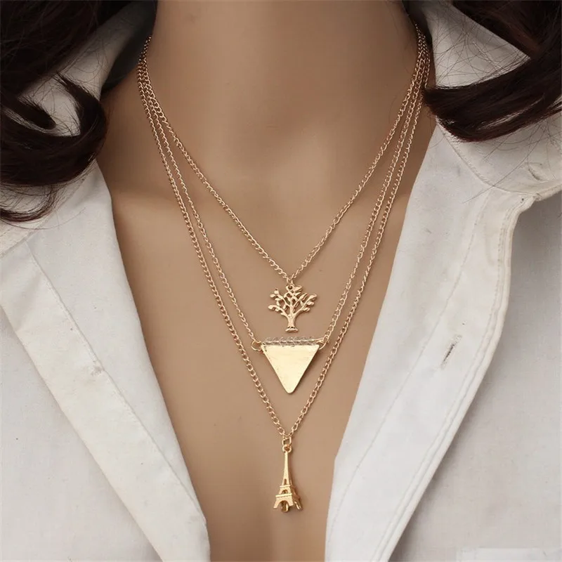 

Fashion Eiffel Tower Triangle Long Multilayer Necklace Pendants Bohemian Life Tree Crystal Chokers Necklaces Women Jewelry