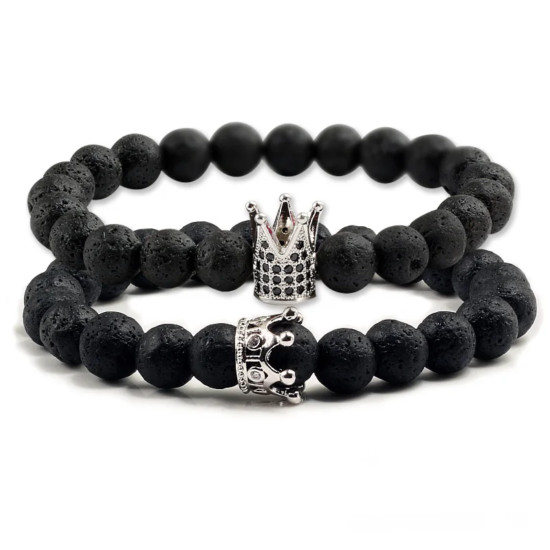 

2 Pcs Natural Black Lava Stone Beads Men Bracelets & Bangles 8MM Volcano Stones Crown CZ Beaded Buddha Bracelet Pulseras Hombre