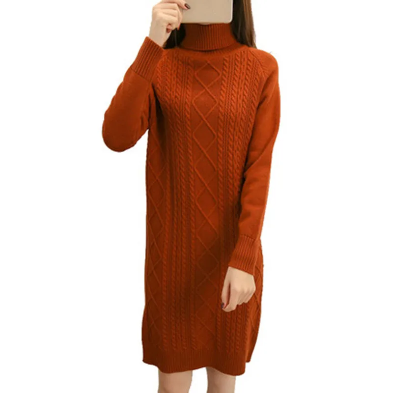 2018 Winter Women's Twist Warm Knitted Sweater Long Dress Ladies Turtleneck Full Sleeve Slim Pullover F532 | Женская одежда