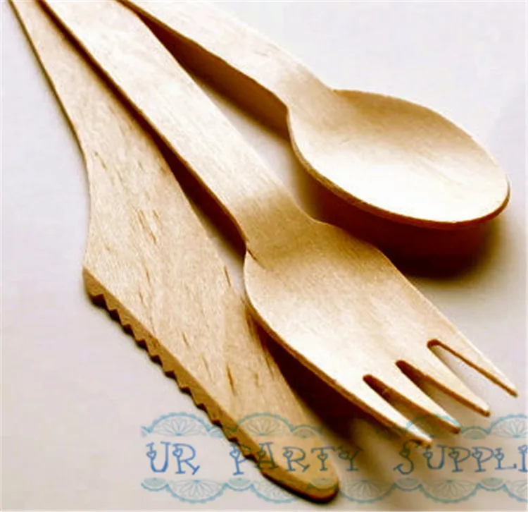 120pcs Wooden Spoons/Forks/Knives Disposable Natural Wood Utensils Kids