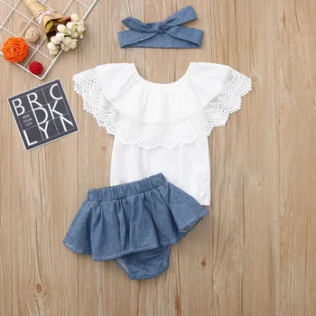 

3PCS Toddler Baby Girls Clothing Summer T-shirt Tops Short Sleeve Short Headbands Outfits Clothes Set Kids Girl Clothes Set 0-2T
