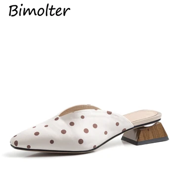 

Bimolter Sardine Cloth Runway Polka Dot Leather Spring Summer Slippers Shoes Slides High Heel Women Mules 2019 NEW Design FC006