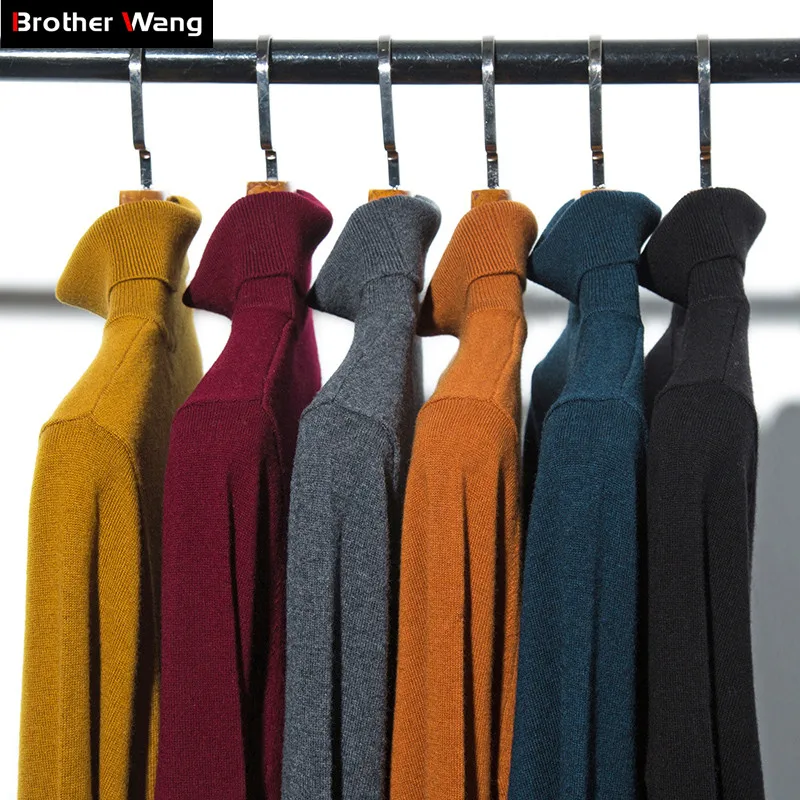 Новинка, зимний мужской свитер с высоким воротом из чистой шерсти, деловая Повседневная однотонная тонкая теплая кашемировая брендовая одежда